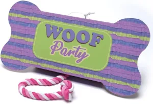 Jokari Woof Party Pull String Dog Toy Pinata. Fill Bone Shaped Box with Your Pup’s Favorite Treats, Snacks, Favors, Accessories or More. Attached Rope Tears Open, Dispenses Prizes for Everyone (Bone)