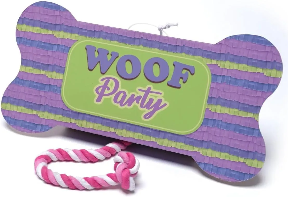Jokari Woof Party Pull String Dog Toy Pinata. Fill Bone Shaped Box with Your Pup’s Favorite Treats, Snacks, Favors, Accessories or More. Attached Rope Tears Open, Dispenses Prizes for Everyone (Bone)