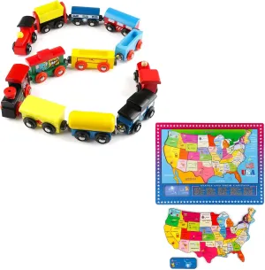 Joqutoys Wooden Train Set Magnetic Toy Train Cars, Wooden USA Map Puzzle for Kids, Grography Learning Puzzle