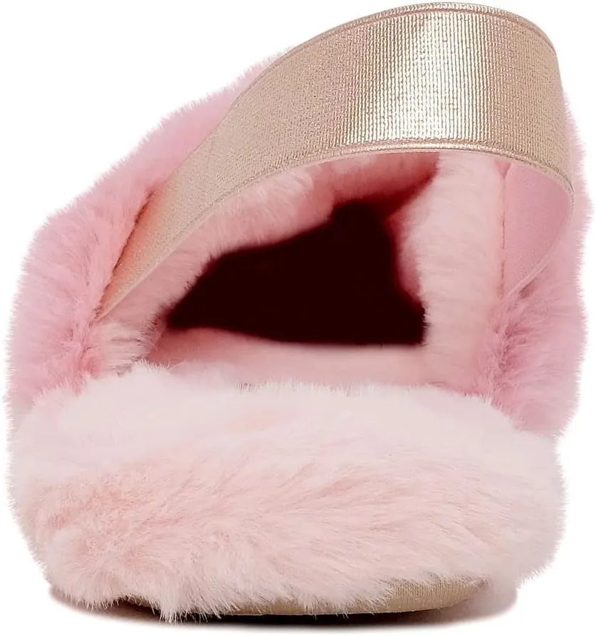 Juicy Couture Girls Fluffy Slippers for Kids – Cute Fuzzy Open-Toe Fur Slides – Plush, Warm Indoor House Slip-Ons