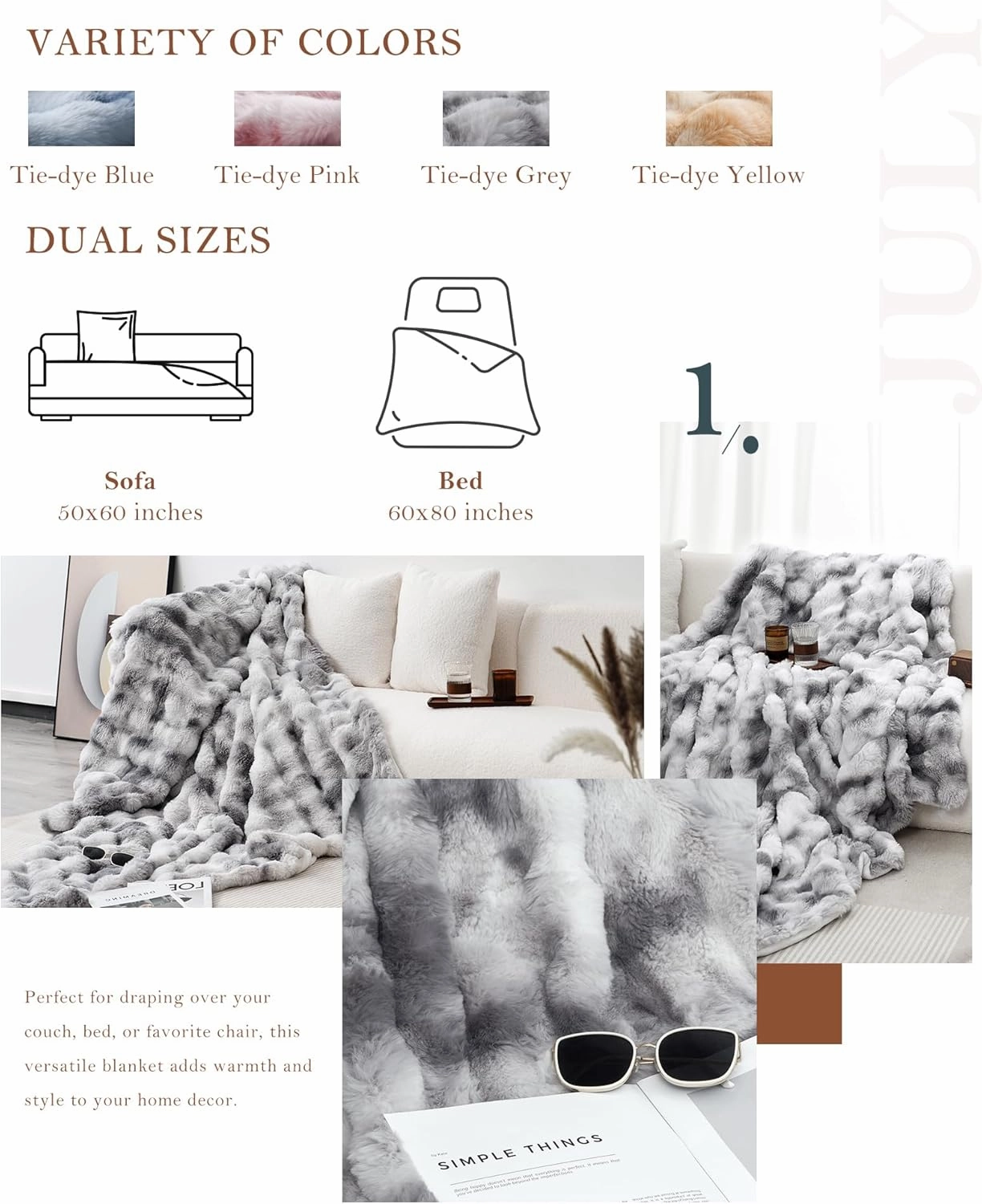July Tie Dye Gray Cozy Bubble Fleece Blanket for Couch, Faux Fur Blanket for Sofa, Fluffy Soft Decorative Throw for Bed and Winter, Mother's Day Cozy Gifts, Machine Washable, 50" x 60", TD-GY5060