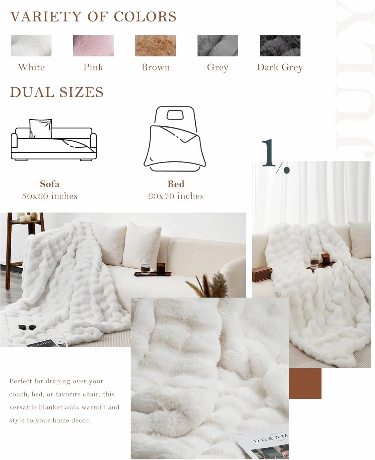 July White Bubble Fleece Blanket for Couch, Faux Rabbit Fur Throw Blanket, Soft Cozy Fluffy Decorative Blankets for Bed, Sofa, Mother's Day Cozy Gifts, Machine Washable, 50" x 60", SC-WE5060