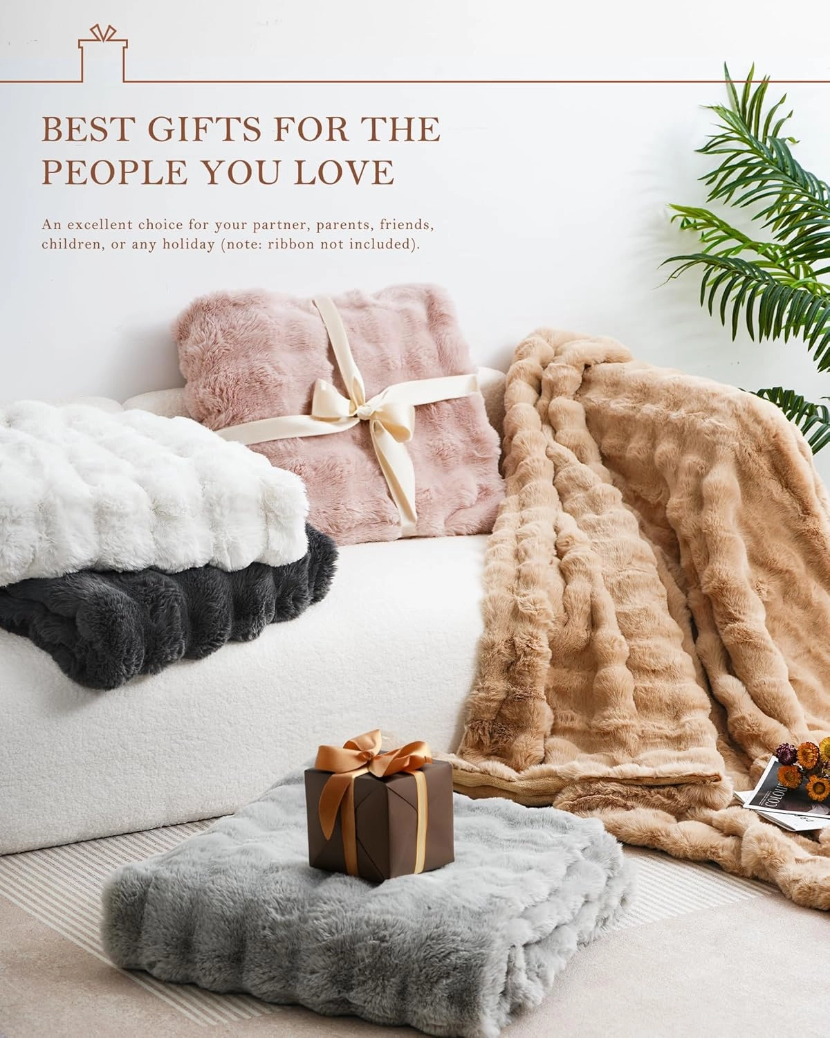 July White Bubble Fleece Blanket for Couch, Faux Rabbit Fur Throw Blanket, Soft Cozy Fluffy Decorative Blankets for Bed, Sofa, Mother's Day Cozy Gifts, Machine Washable, 50" x 60", SC-WE5060