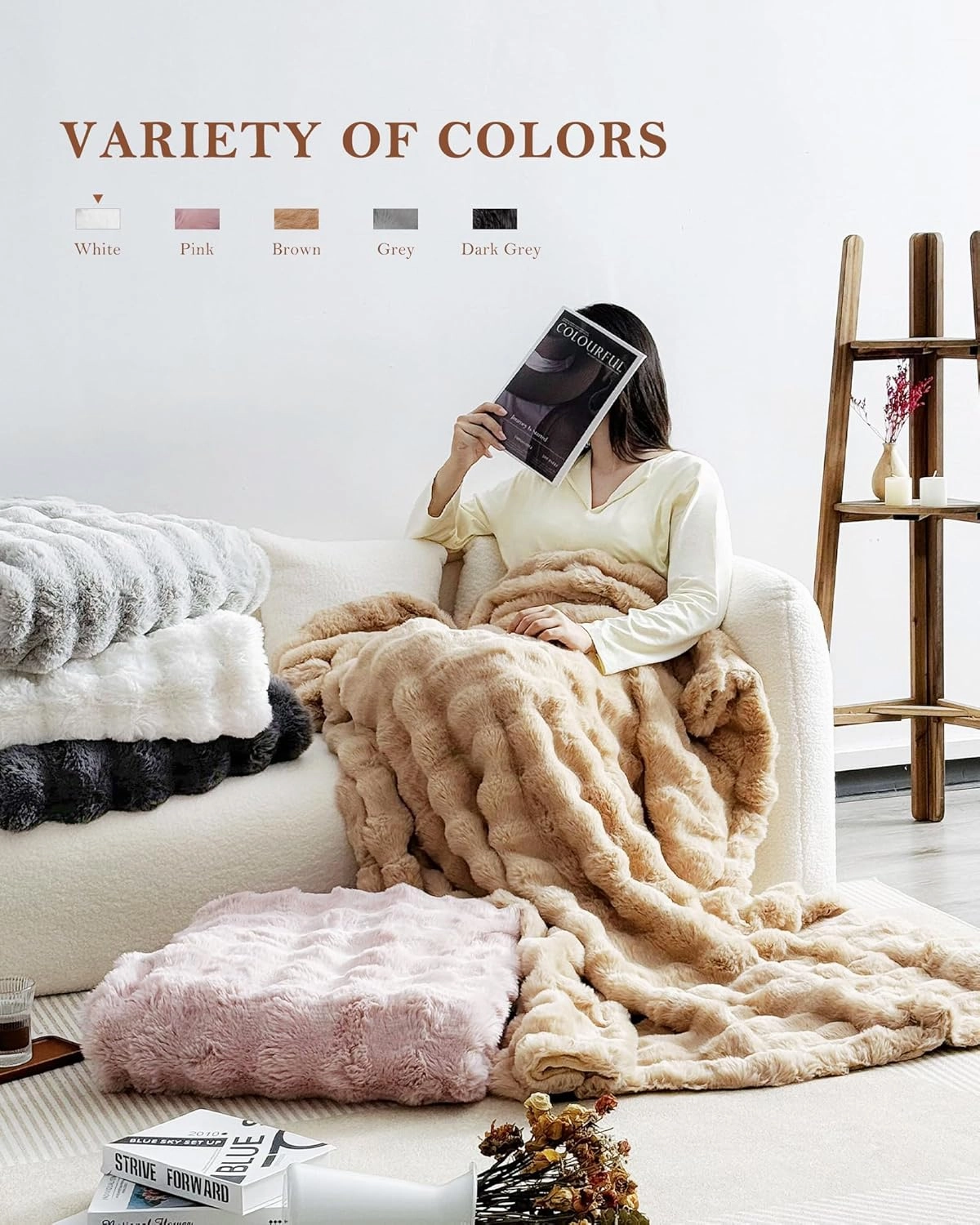 July White Bubble Fleece Blanket for Couch, Faux Rabbit Fur Throw Blanket, Soft Cozy Fluffy Decorative Blankets for Bed, Sofa, Mother's Day Cozy Gifts, Machine Washable, 50" x 60", SC-WE5060