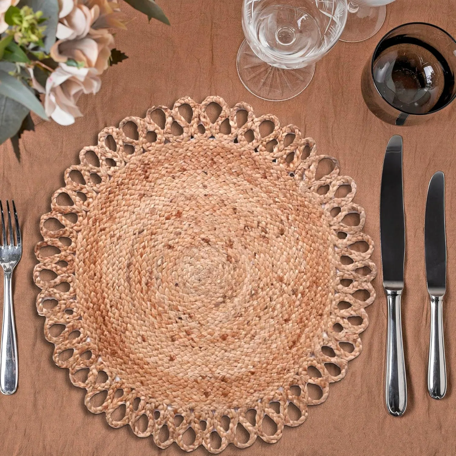 Jute Hand Braided Placemats Set of 6 | 14 Inches Artistic Round Tablemats for Kitchen Dining Table Top Sustainable Rug Mats & Dinner Table Plate Pads Mates Rustic Natural Fiber Vintage Natural Beige
