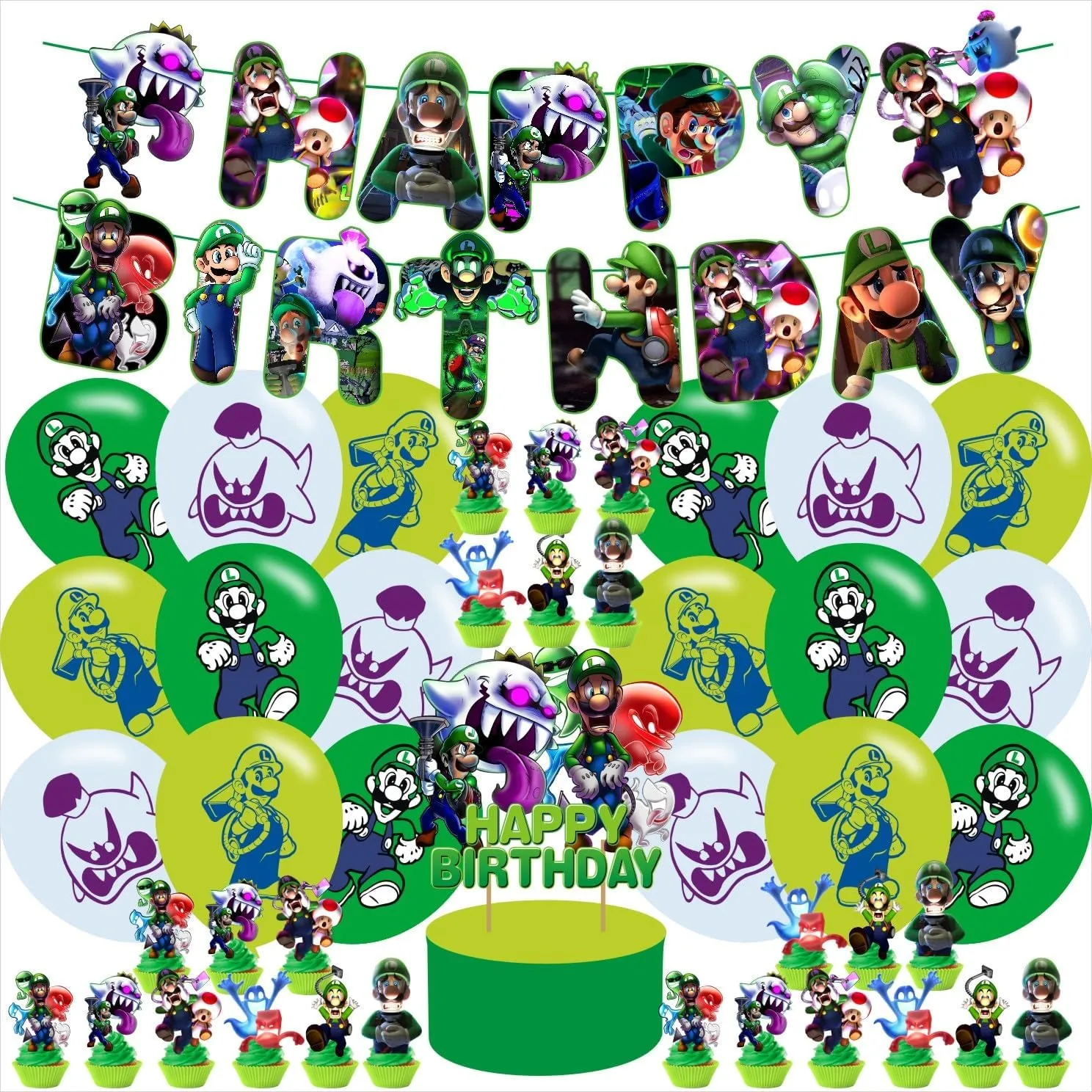 karg Cartoon Party Decorations - Mario Birthday Party Supplies - Banners, Cake Toppers, Cupcake Balloons - Red, Green