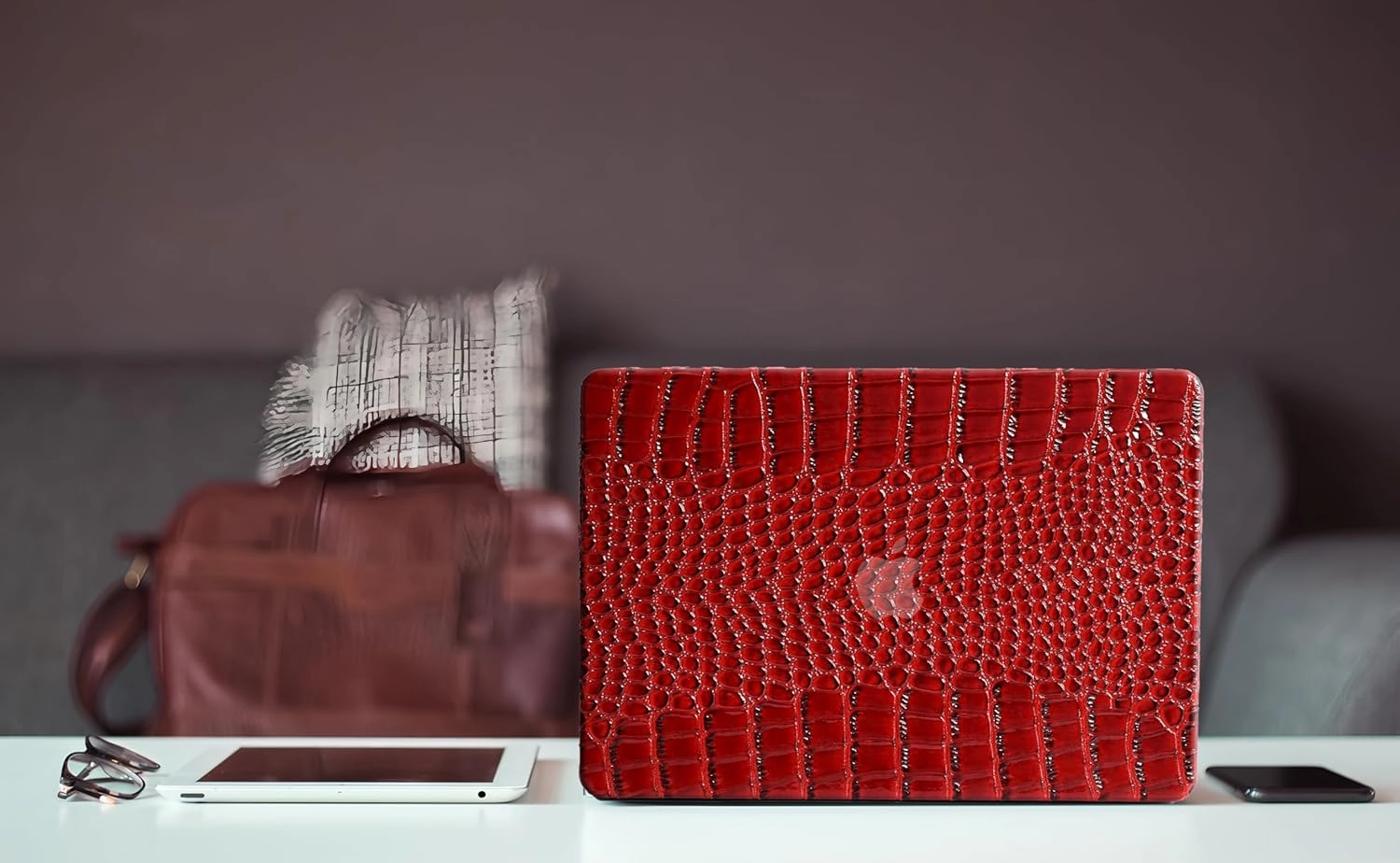 KEROM Crocodile Case for MacBook Air 13 inch M1 2021 2020 2019 2018 A2337 A2179 A1932, Crocodile MacBook Air M1 Case, Texutured Aligator Skin Snakeskin PU Leather Hard Shell & Keyboard Cover, Burgandy