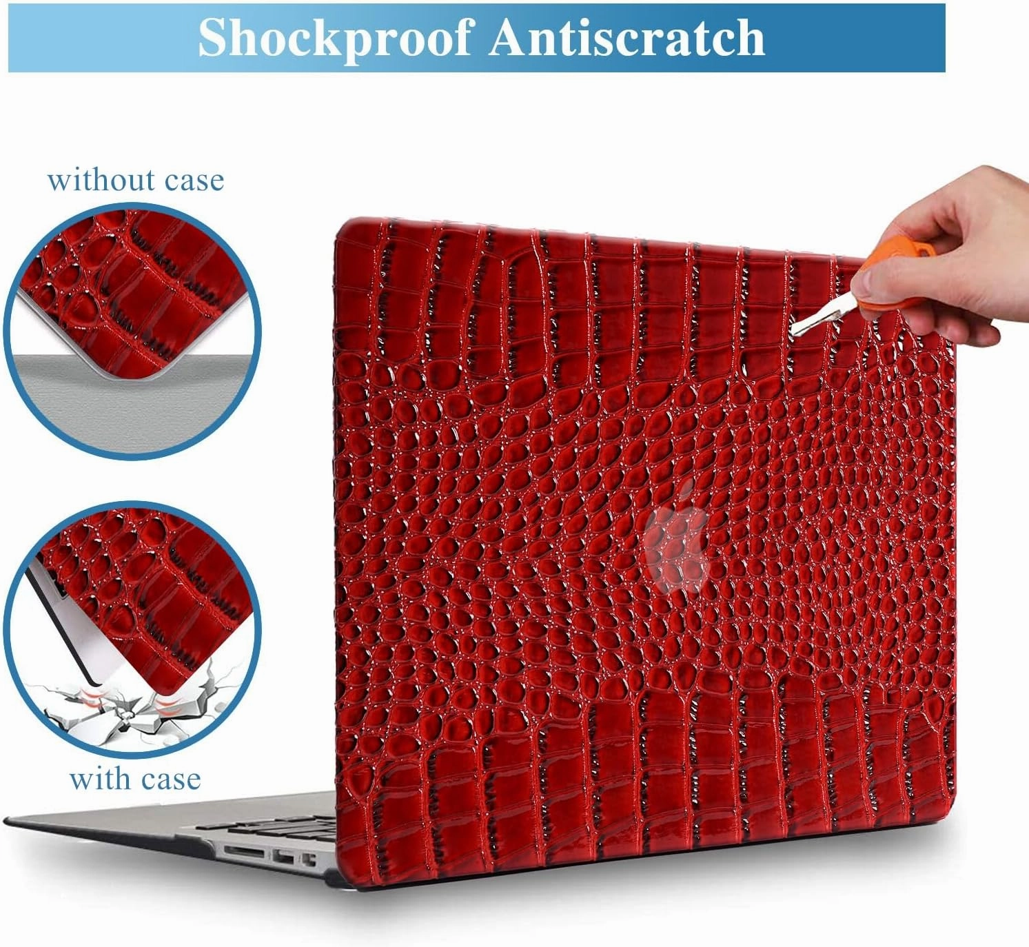KEROM Crocodile Case for MacBook Air 13 inch M1 2021 2020 2019 2018 A2337 A2179 A1932, Crocodile MacBook Air M1 Case, Texutured Aligator Skin Snakeskin PU Leather Hard Shell & Keyboard Cover, Burgandy
