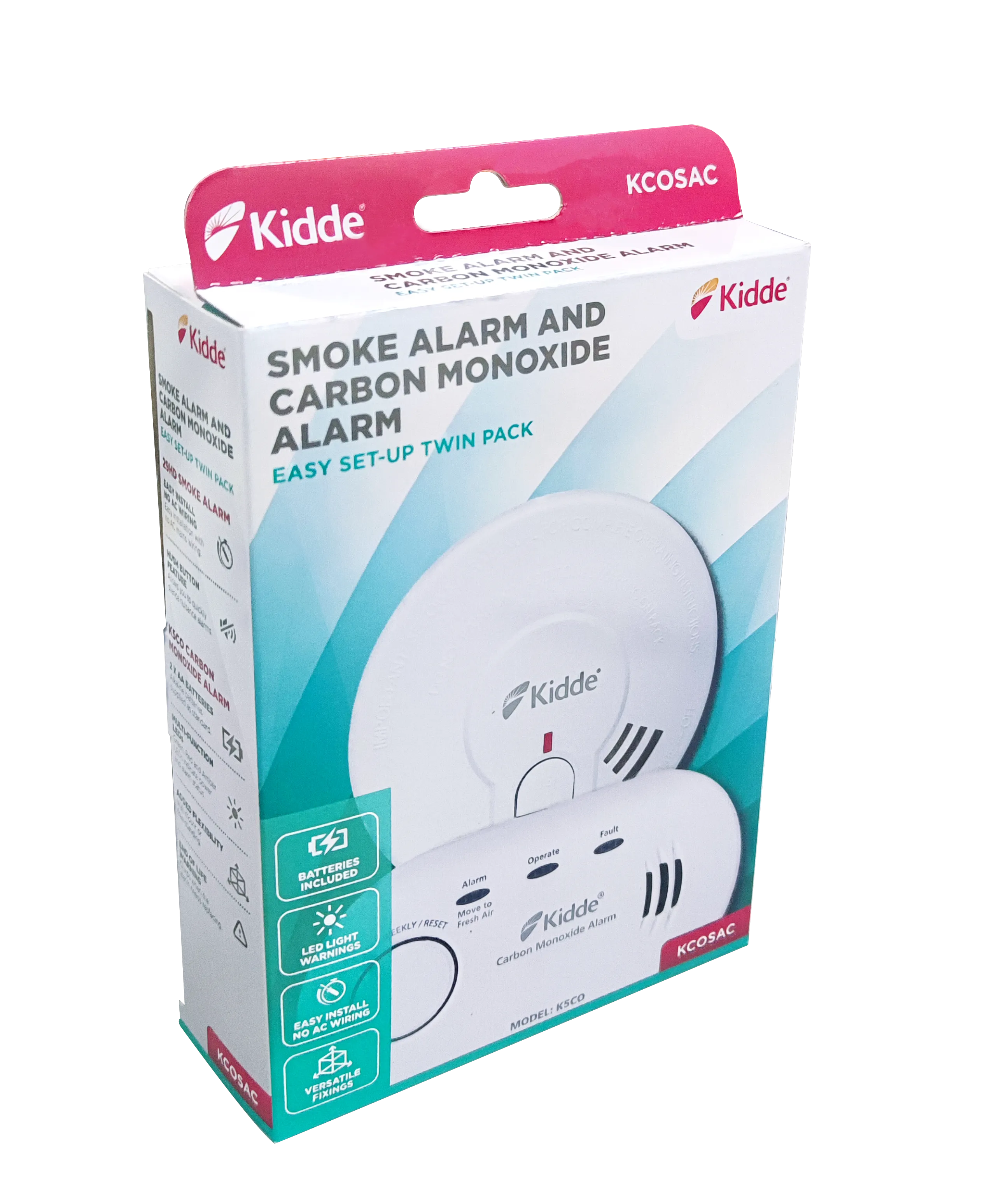 Kidde KCOSAC Battery Powered 29HD Smoke & K5CO Carbon Monoxide Alarms (Boxed)