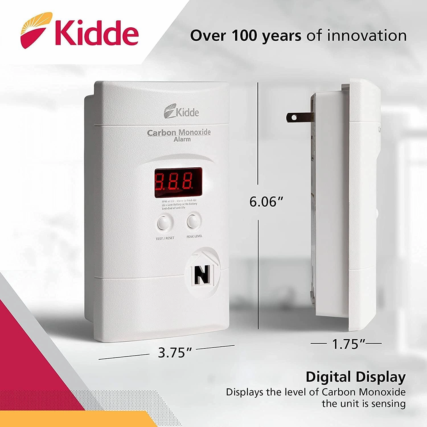 Kidde Carbon Monoxide Detector, Plug In Wall with 9-Volt Battery Backup, Digital LED Display - 2 Pack