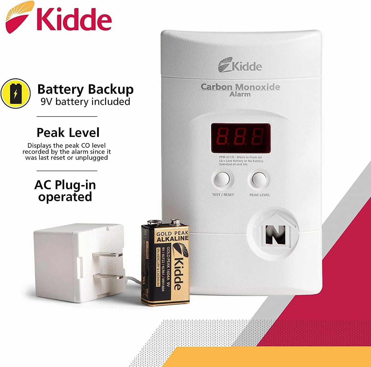 Kidde Carbon Monoxide Detector, Plug In Wall with 9-Volt Battery Backup, Digital LED Display - 2 Pack