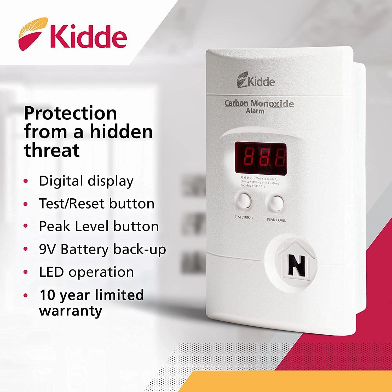 Kidde Carbon Monoxide Detector, Plug In Wall with 9-Volt Battery Backup, Digital LED Display - 2 Pack
