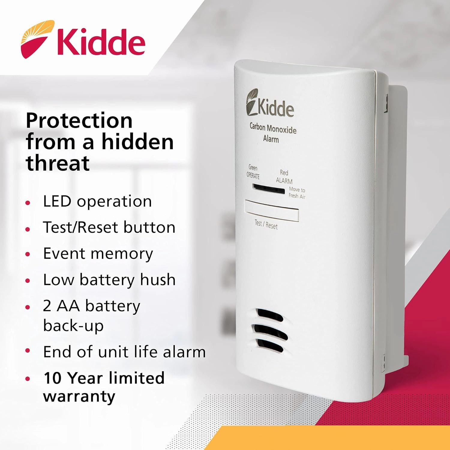Kidde Carbon Monoxide Detector, Plug In Wall with AA Battery Backup, Test-Hush Button