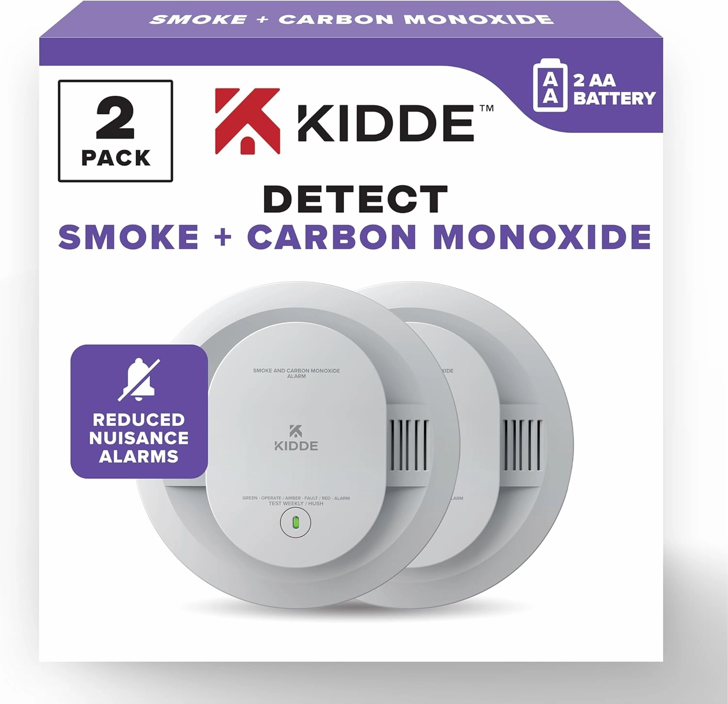 Kidde Smoke & Carbon Monoxide Detector, AA Battery Powered, LED Warning Light Indicators, 2 Pack