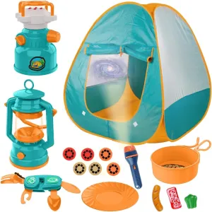Kids Camping Set Pop Up Play Tent & Space Projector Flashlight- Outdoor Campfire Toy for Toddlers Kids - Pretend Play Camp Gear Tools for Birthday Christmas