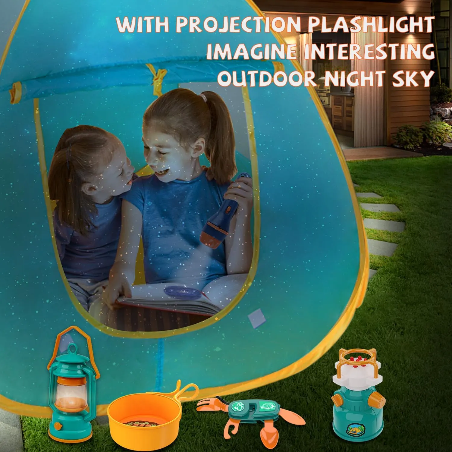 Kids Camping Set Pop Up Play Tent & Space Projector Flashlight- Outdoor Campfire Toy for Toddlers Kids - Pretend Play Camp Gear Tools for Birthday Christmas
