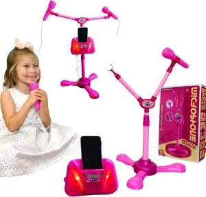 Kids Karaoke Machine with 2 Microphones Adjustable Height Wire Bluetooh Mic Music Sing Along with Flashing Lights Musical Effects Cell Phone Holder Kids Microphone with Stand Fun Kids Toy (Pink)