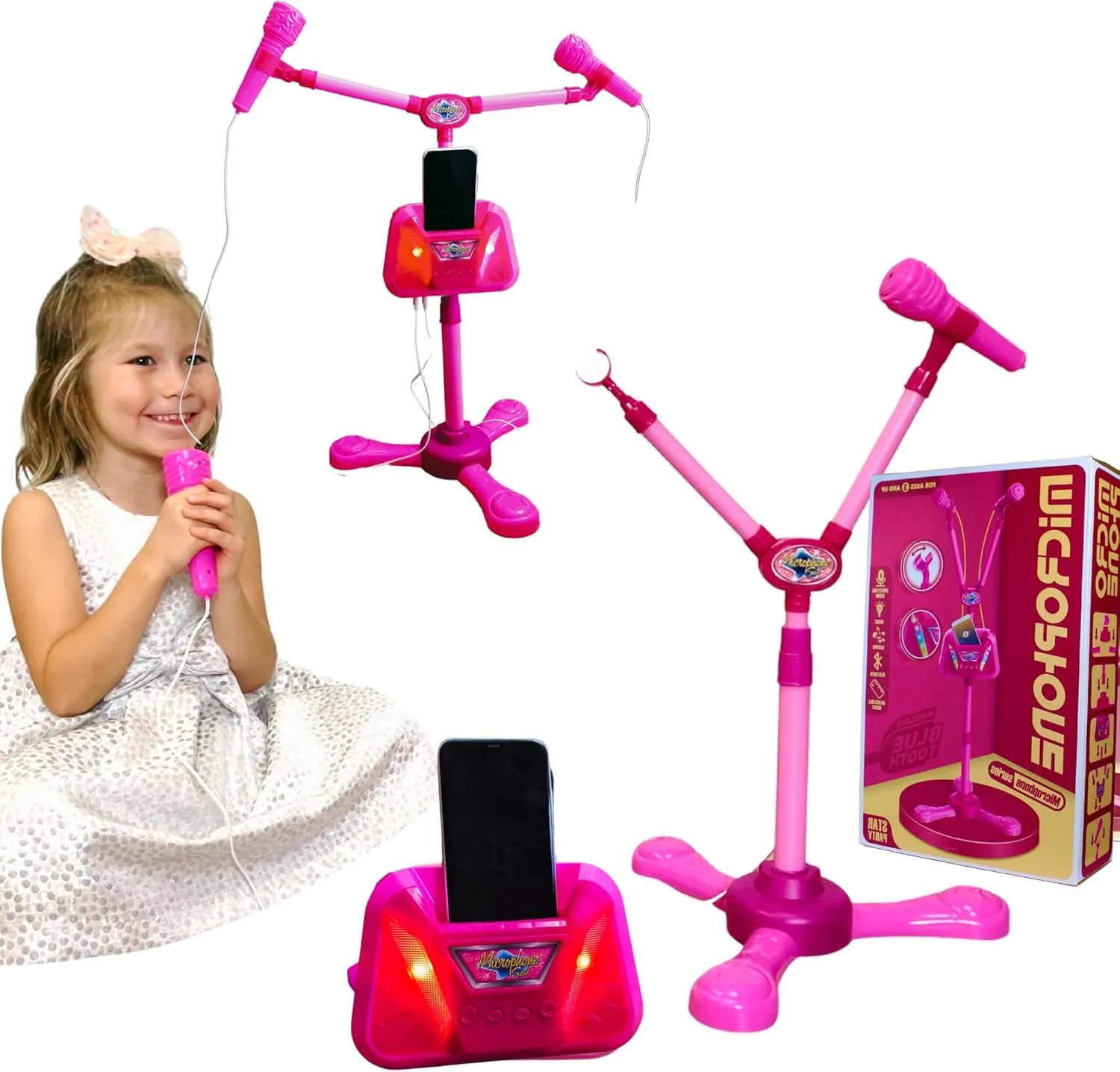 Kids Karaoke Machine with 2 Microphones Adjustable Height Wire Bluetooh Mic Music Sing Along with Flashing Lights Musical Effects Cell Phone Holder Kids Microphone with Stand Fun Kids Toy (Pink)