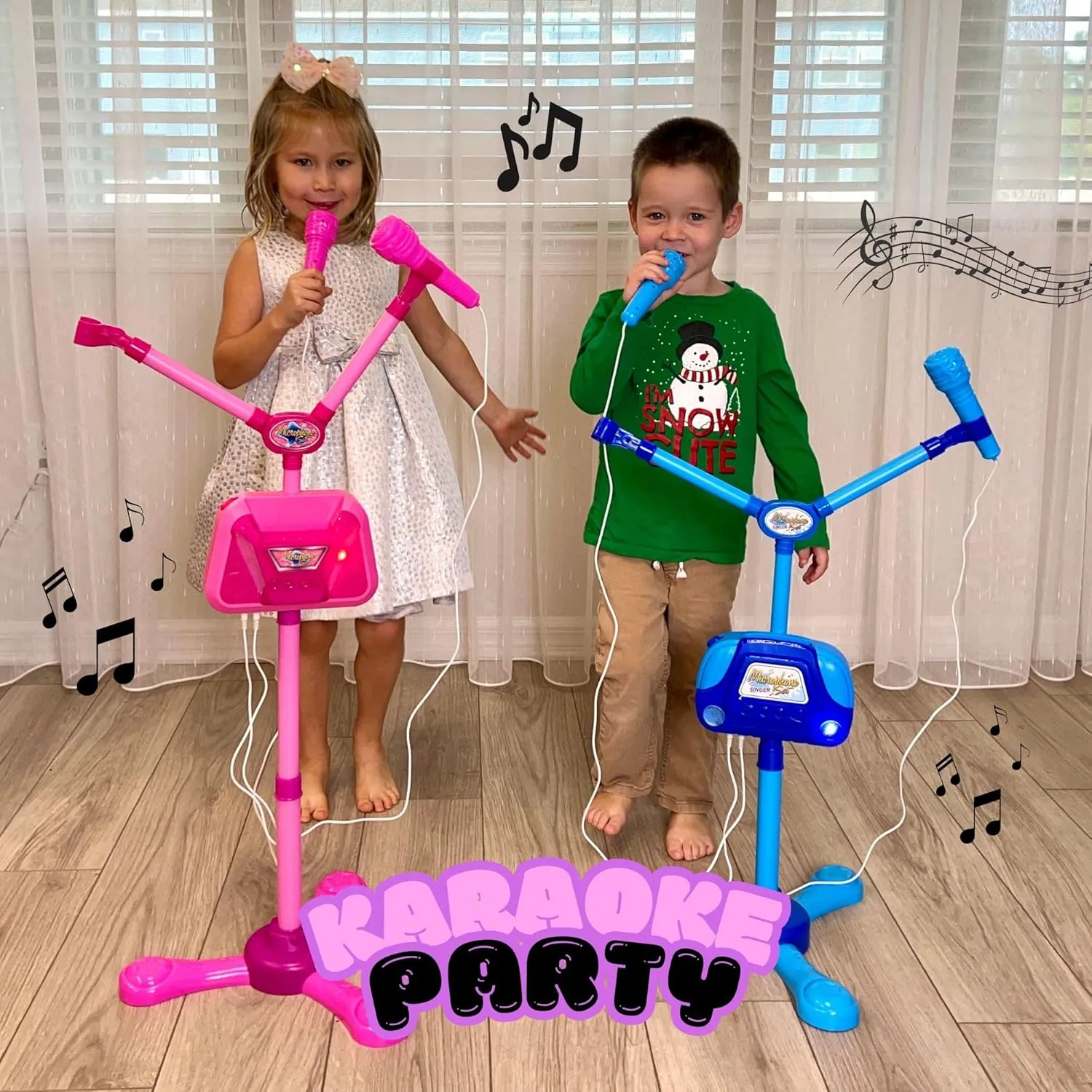 Kids Karaoke Machine with 2 Microphones Adjustable Height Wire Bluetooh Mic Music Sing Along with Flashing Lights Musical Effects Cell Phone Holder Kids Microphone with Stand Fun Kids Toy (Pink)