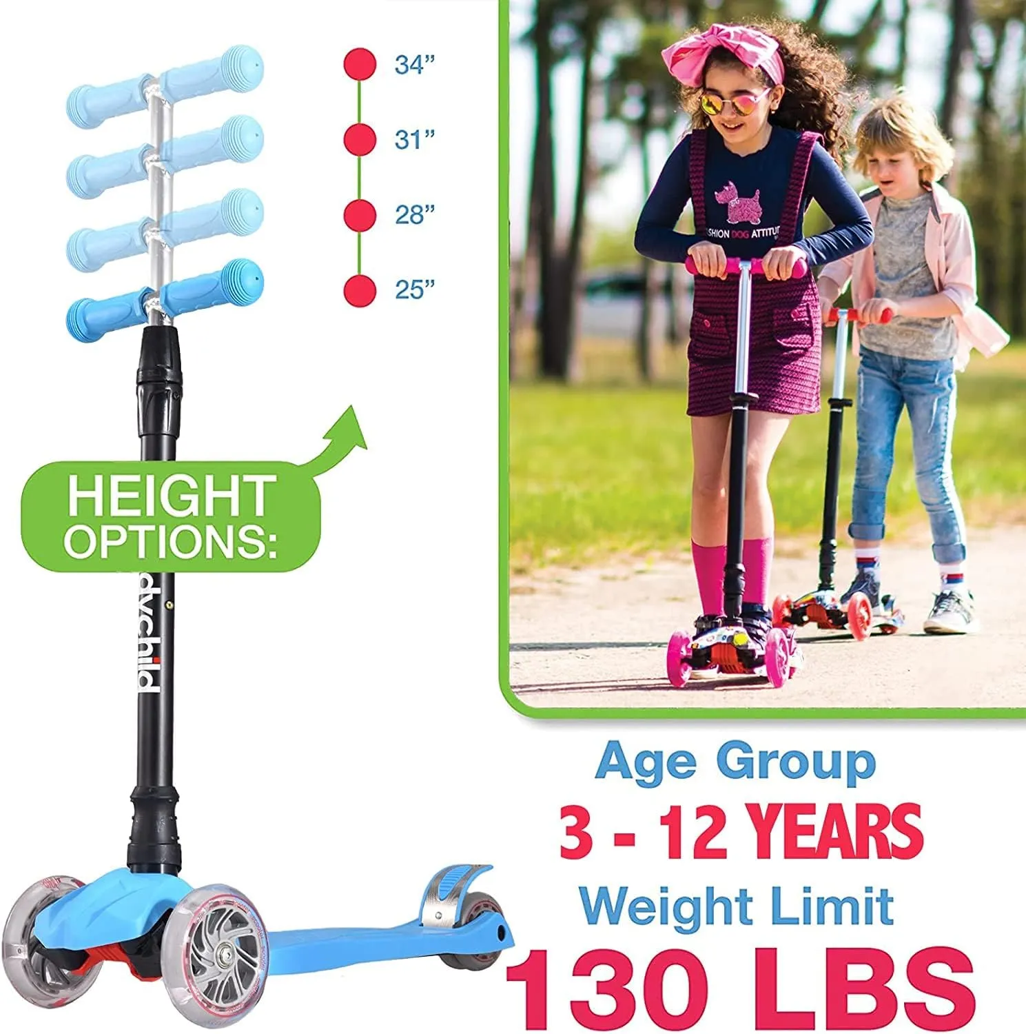 Kids Kick Scooter, 3 Wheeled Scooter for Kids, Child/Toddlers Toy, Adjustable Height, Anti-Slip Deck, Flashing Wheel Lights, for Boys/Girls 3-12 Year Old