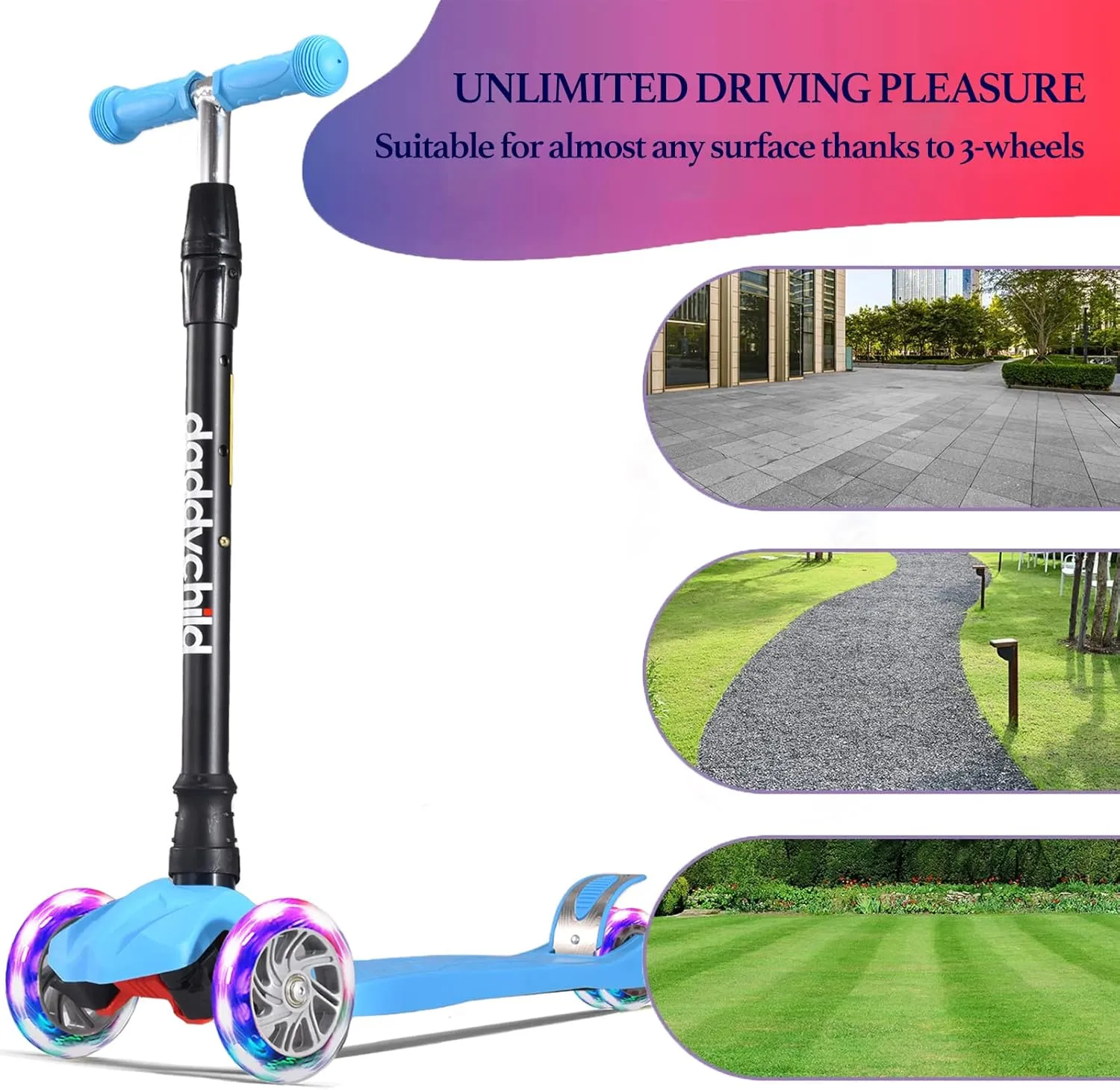 Kids Kick Scooter, 3 Wheeled Scooter for Kids, Child/Toddlers Toy, Adjustable Height, Anti-Slip Deck, Flashing Wheel Lights, for Boys/Girls 3-12 Year Old
