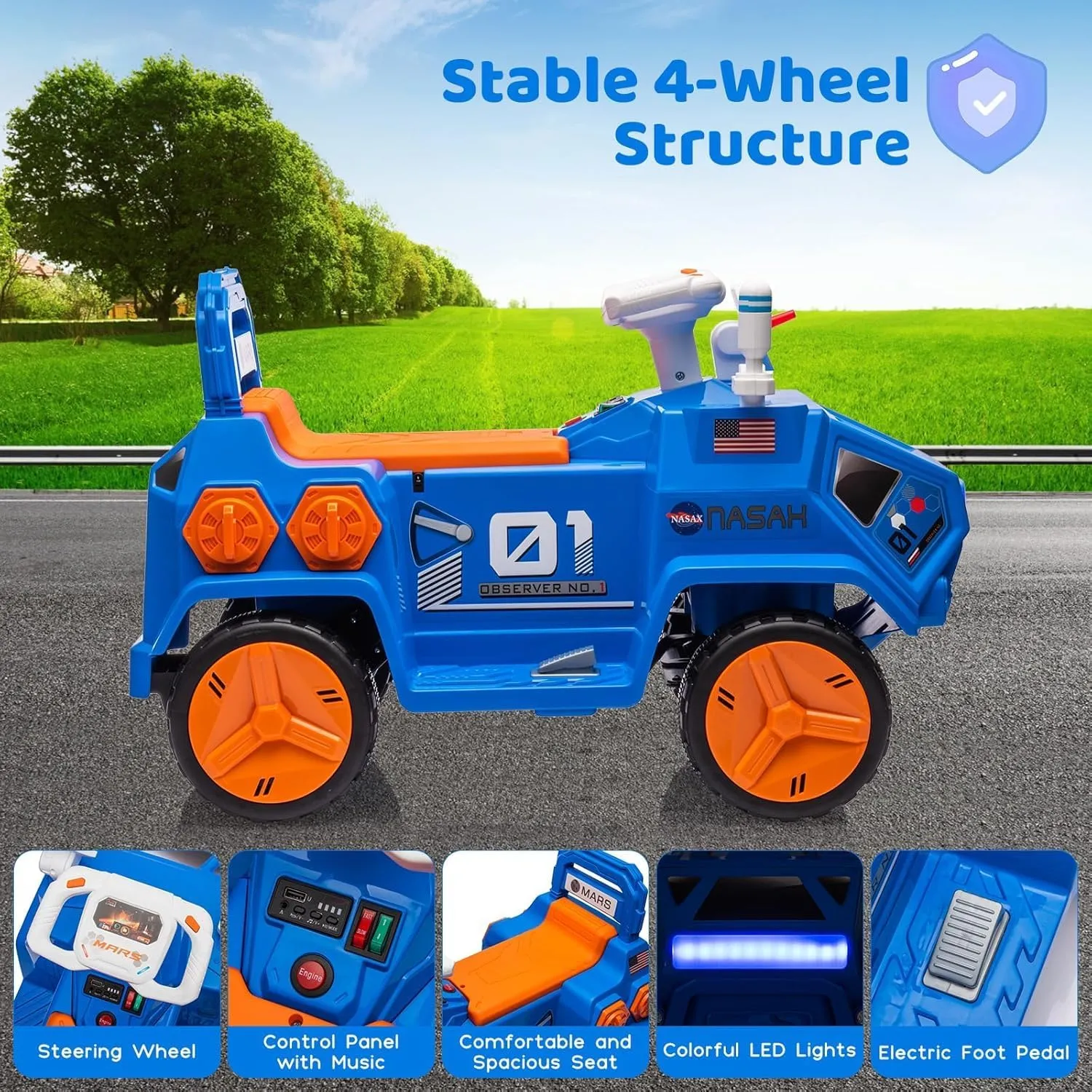 Kids Ride-On Car,Electric Toy for Kids,Mars Rover Adventure,W/Flash Lights, Music,Radar Rocket Sound & Flash Lights,Easy Control Electric Toddlers Car for Indoor/Outdoor Use,Blue