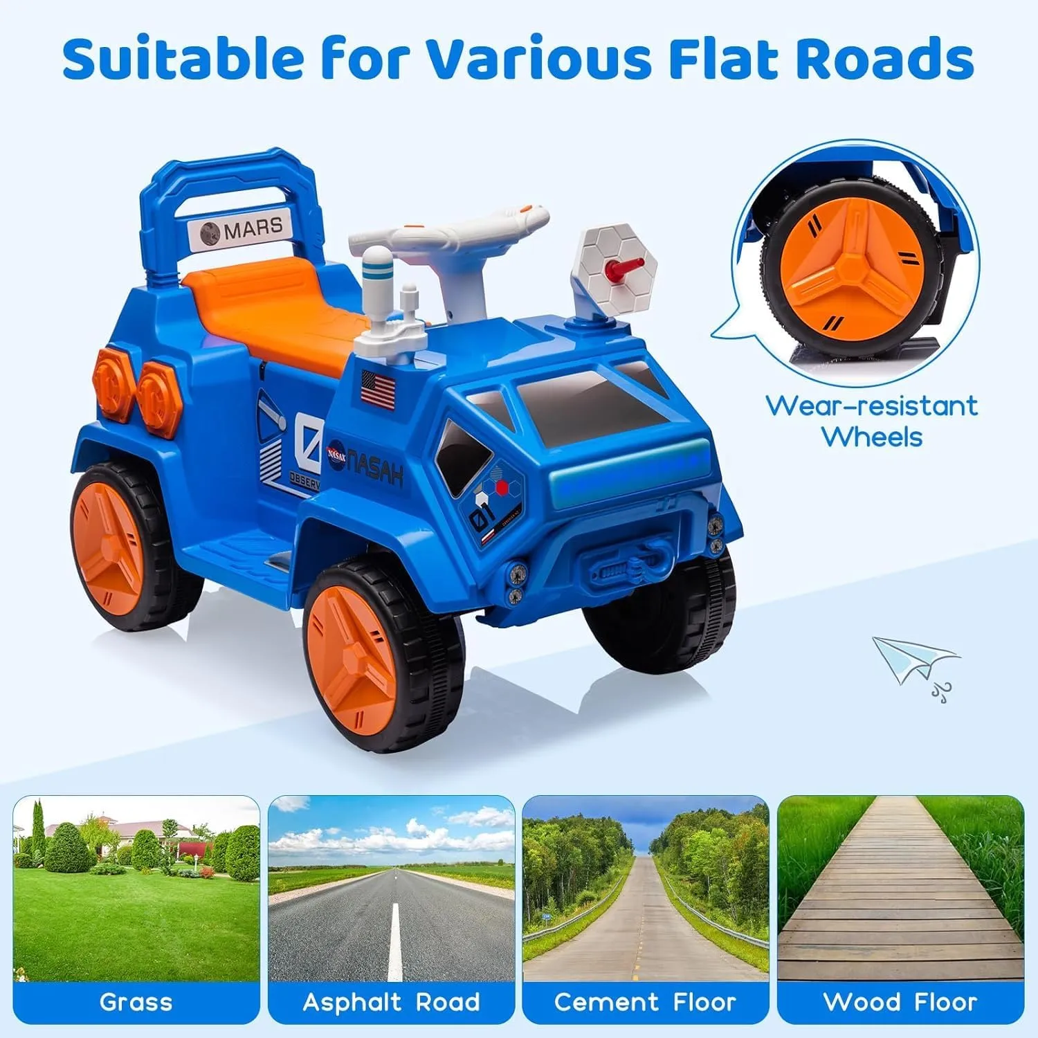Kids Ride-On Car,Electric Toy for Kids,Mars Rover Adventure,W/Flash Lights, Music,Radar Rocket Sound & Flash Lights,Easy Control Electric Toddlers Car for Indoor/Outdoor Use,Blue