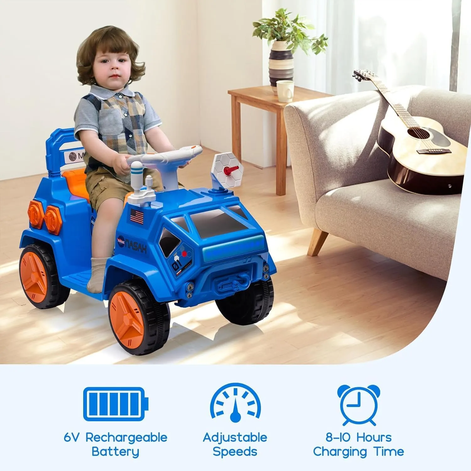 Kids Ride-On Car,Electric Toy for Kids,Mars Rover Adventure,W/Flash Lights, Music,Radar Rocket Sound & Flash Lights,Easy Control Electric Toddlers Car for Indoor/Outdoor Use,Blue