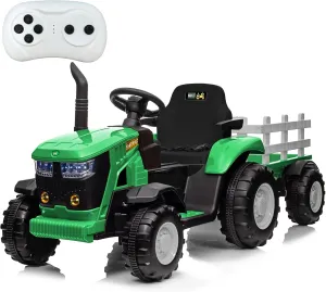 Kids Ride On Tractor, 12V Battery Powered Tractor Car Toy with Detachable Trailer and Remote Control, Safety Belt, Dual 35W Electric Vehicles for Boys Girls, Green