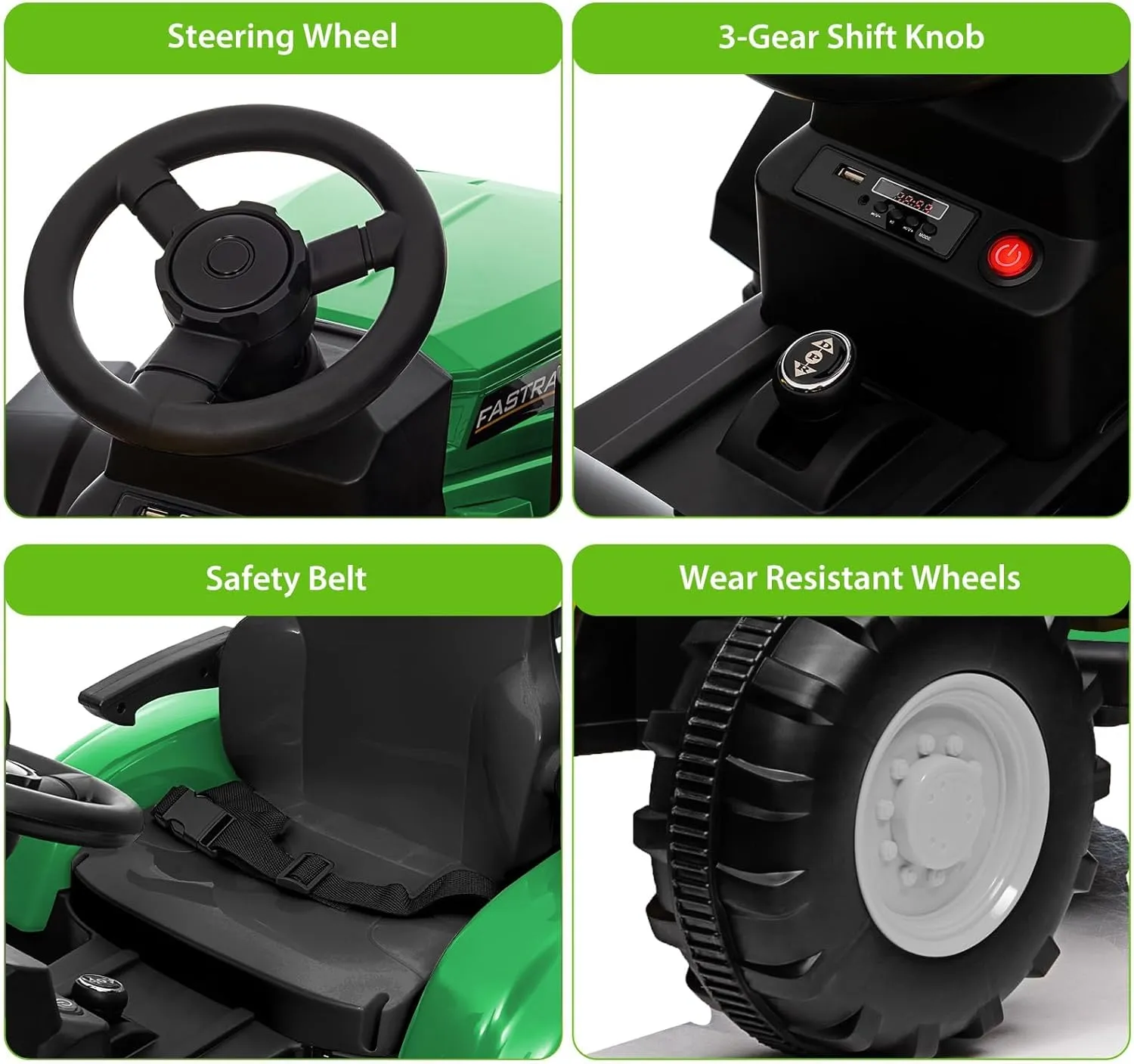 Kids Ride On Tractor, 12V Battery Powered Tractor Car Toy with Detachable Trailer and Remote Control, Safety Belt, Dual 35W Electric Vehicles for Boys Girls, Green