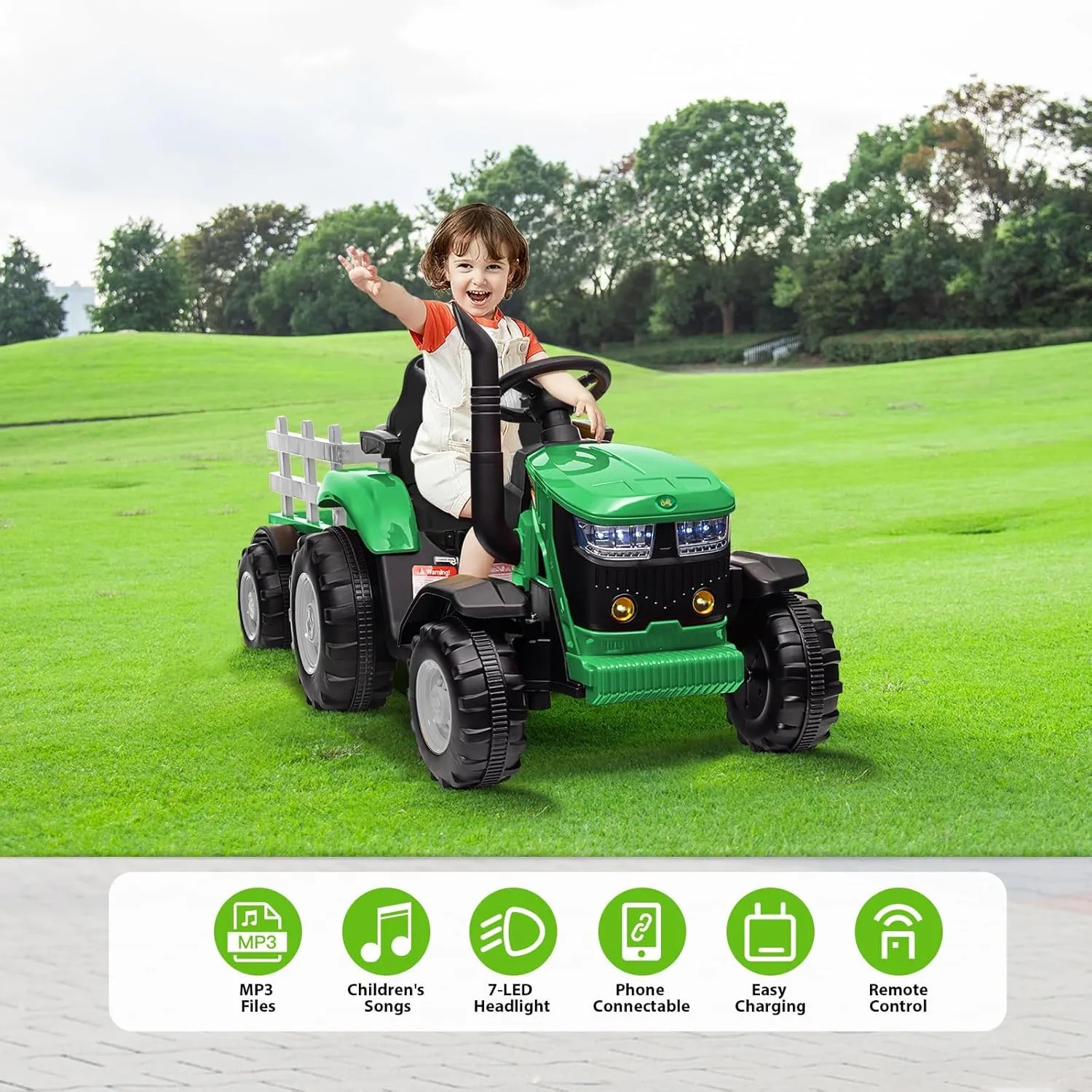 Kids Ride On Tractor, 12V Battery Powered Tractor Car Toy with Detachable Trailer and Remote Control, Safety Belt, Dual 35W Electric Vehicles for Boys Girls, Green