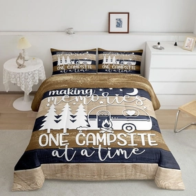 Kids Camper Comforter Set Full, Happy Camping Bedding Rv Decorations For Inside Camper Quilt, Teens Rustic Farmhouse Bedding Comforter Sets For Travel Trailers Vintage Wooden Planks Quilted Duvet