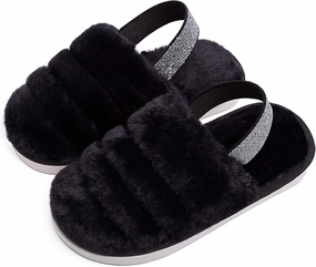 Kids Fluffy Fuzzy Slippers Open Toe House Home Slippers for Boys and Girls Faux Fur Slides with Strap Little Kids Slip-on Shoes