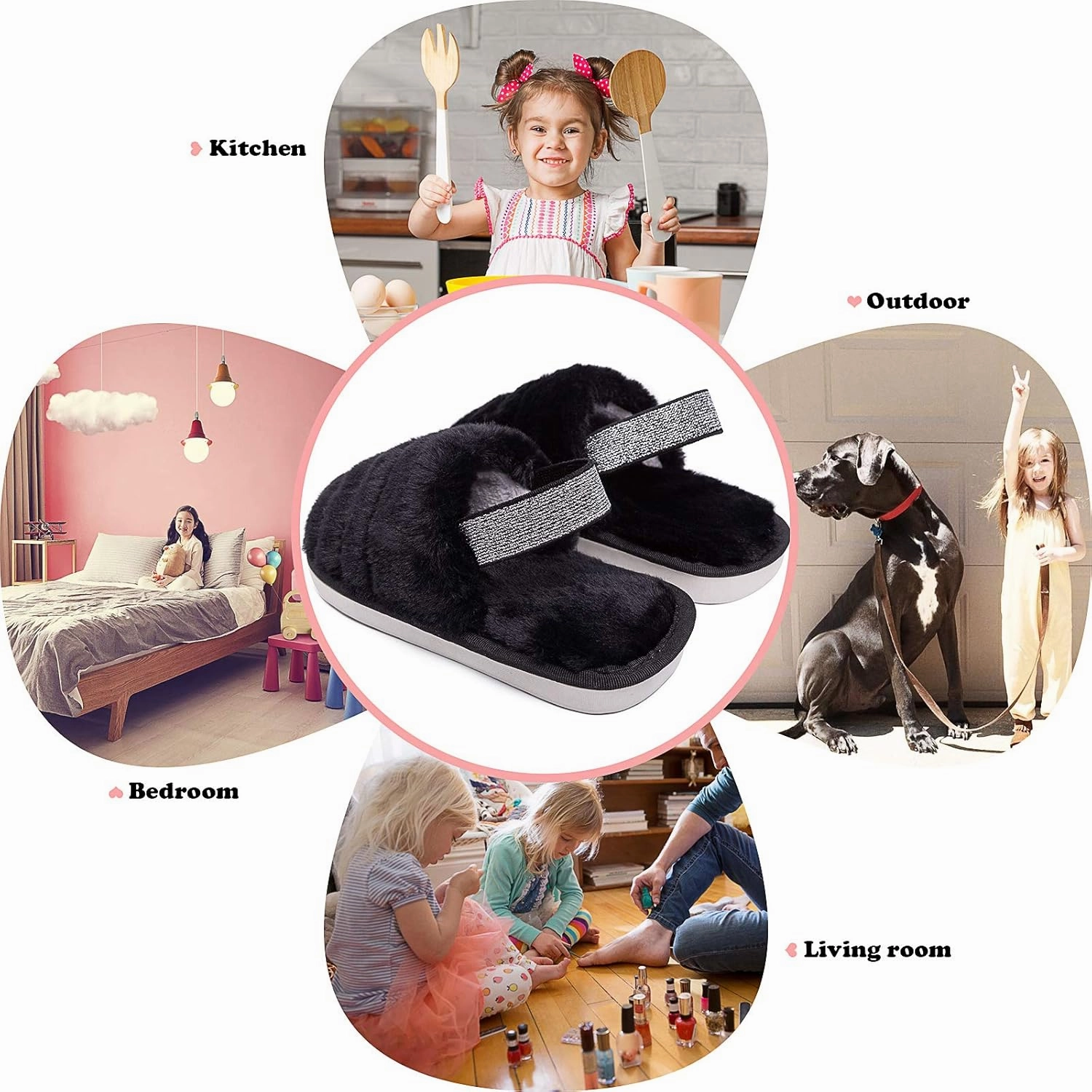 Kids Fluffy Fuzzy Slippers Open Toe House Home Slippers for Boys and Girls Faux Fur Slides with Strap Little Kids Slip-on Shoes