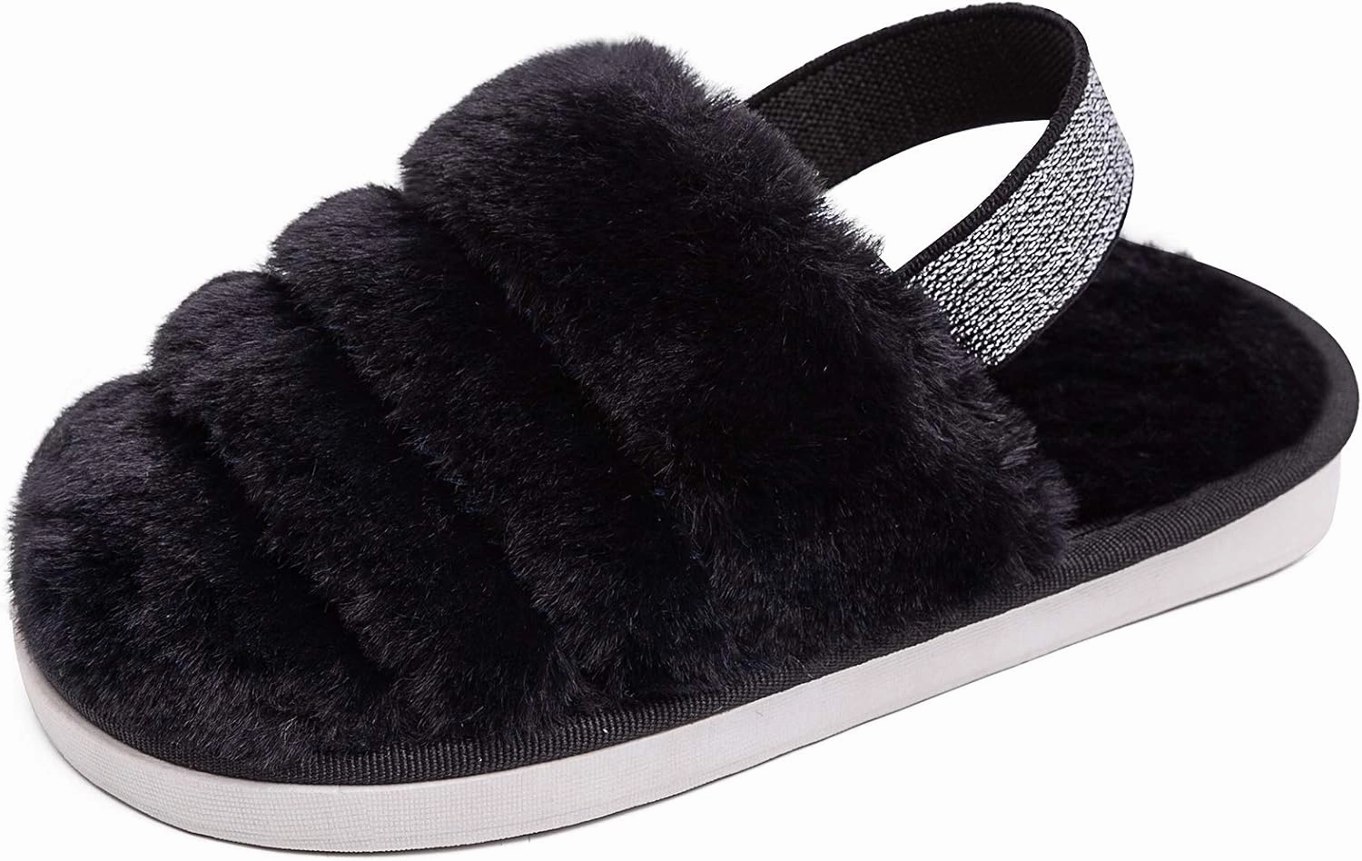 Kids Fluffy Fuzzy Slippers Open Toe House Home Slippers for Boys and Girls Faux Fur Slides with Strap Little Kids Slip-on Shoes