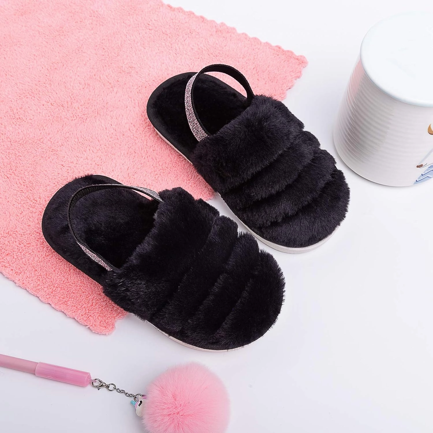 Kids Fluffy Fuzzy Slippers Open Toe House Home Slippers for Boys and Girls Faux Fur Slides with Strap Little Kids Slip-on Shoes