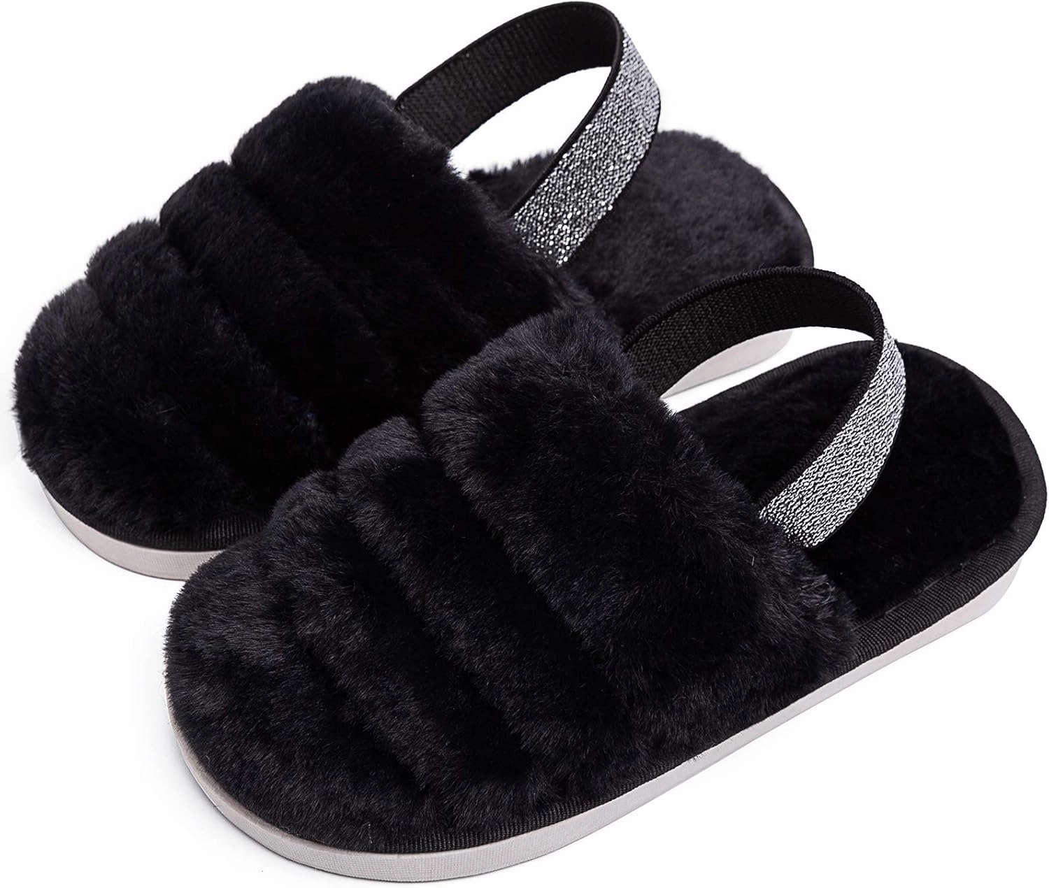 Kids Fluffy Fuzzy Slippers Open Toe House Home Slippers for Boys and Girls Faux Fur Slides with Strap Little Kids Slip-on Shoes