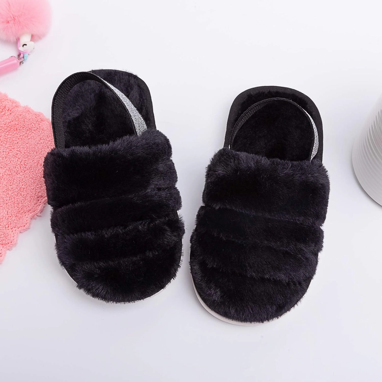 Kids Fluffy Fuzzy Slippers Open Toe House Home Slippers for Boys and Girls Faux Fur Slides with Strap Little Kids Slip-on Shoes