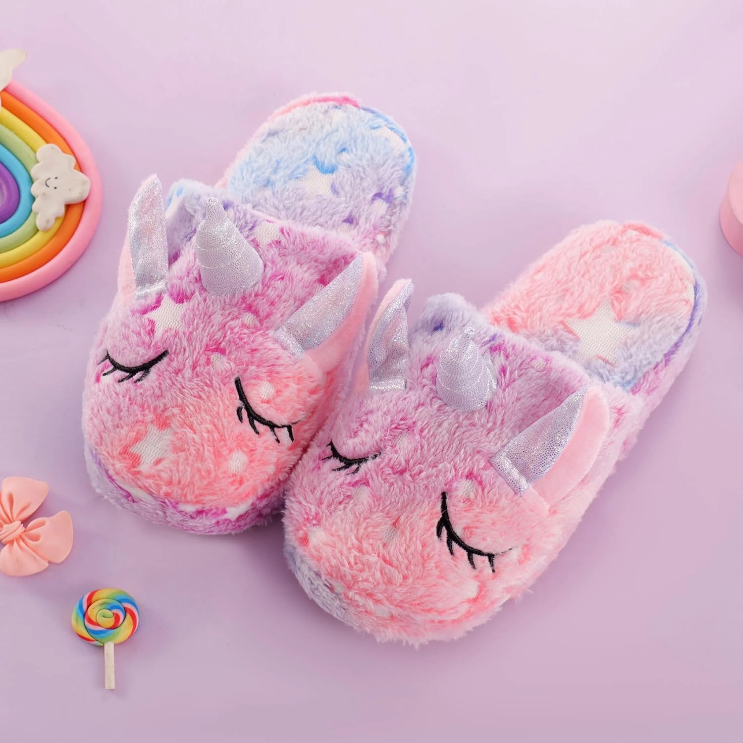 Kids Fuzzy Slippers for Girls Boys Unicorn Glow in the Dark Plush Fleece Warm Indoor Shoes
