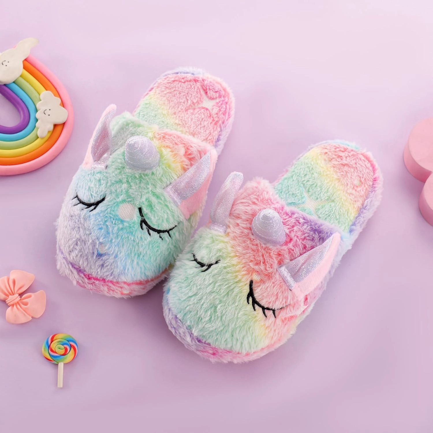 Kids Fuzzy Slippers for Girls Boys Unicorn Glow in the Dark Plush Fleece Warm Indoor Shoes