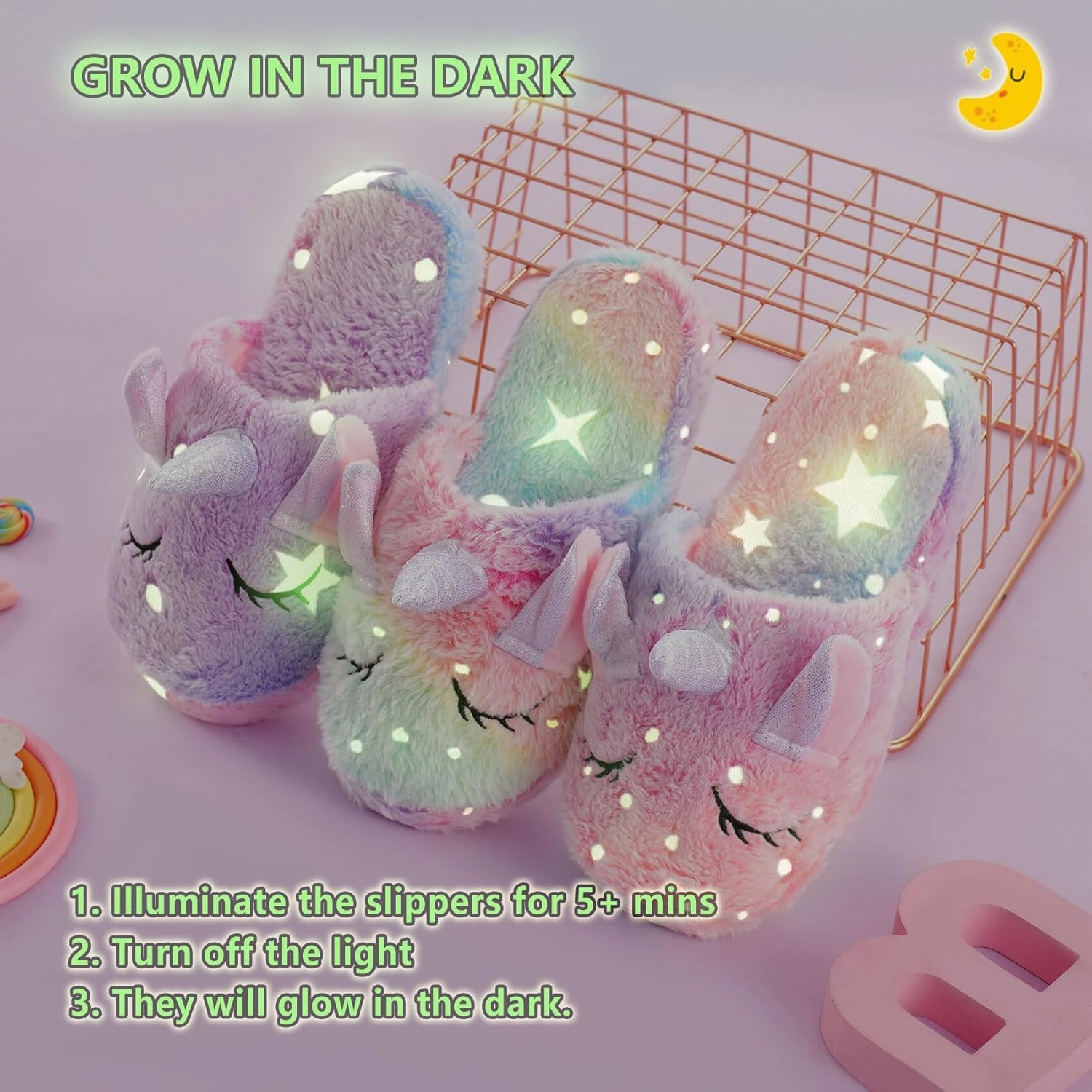 Kids Fuzzy Slippers for Girls Boys Unicorn Glow in the Dark Plush Fleece Warm Indoor Shoes