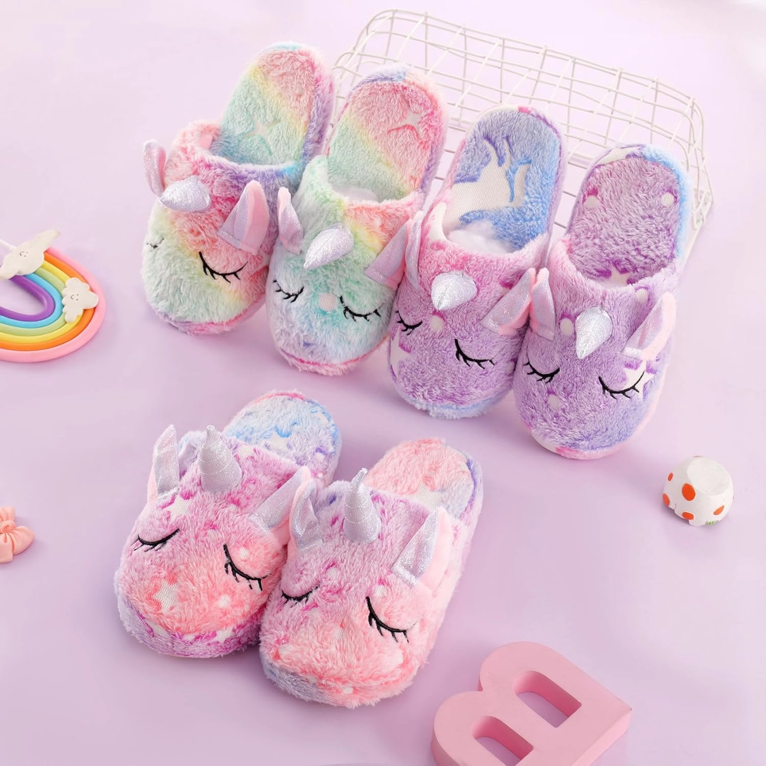 Kids Fuzzy Slippers for Girls Boys Unicorn Glow in the Dark Plush Fleece Warm Indoor Shoes