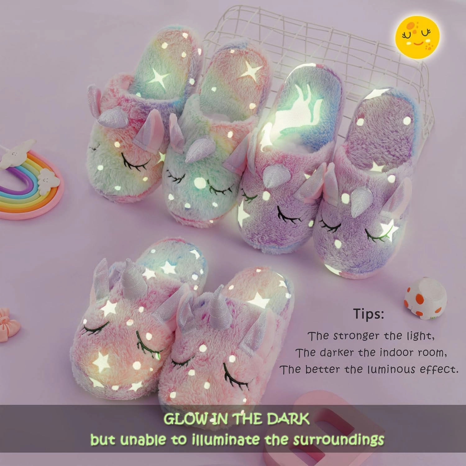 Kids Fuzzy Slippers for Girls Boys Unicorn Glow in the Dark Plush Fleece Warm Indoor Shoes
