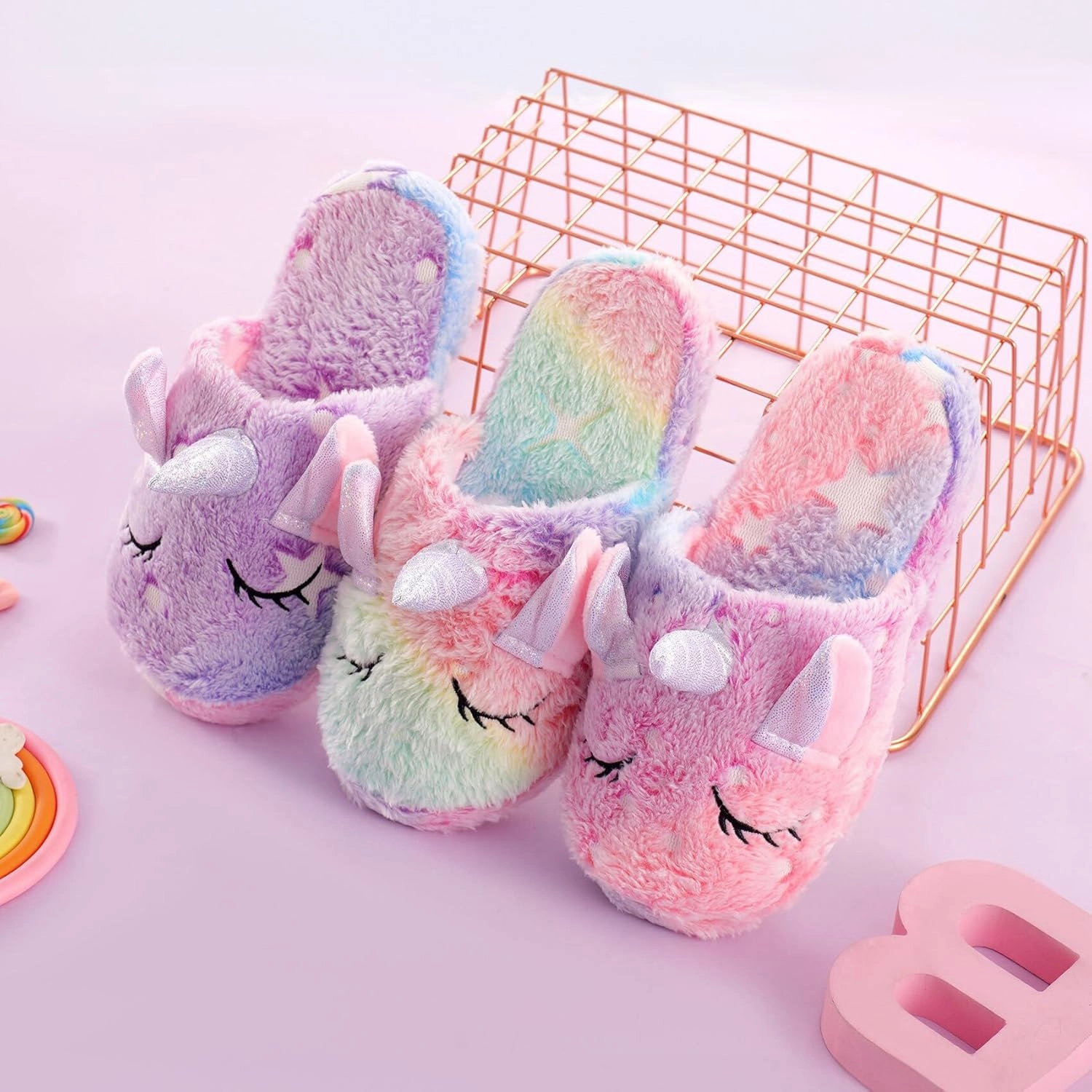 Kids Fuzzy Slippers for Girls Boys Unicorn Glow in the Dark Plush Fleece Warm Indoor Shoes