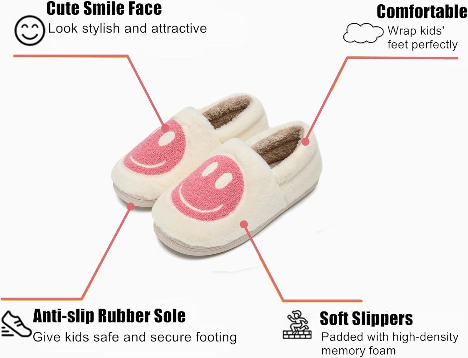 Kids Smile Face Slippers for Boys Girls, Cute Plush Fuzzy Toddler Infant Happy Face Slippers, Indoor Outdoor Non-slip Robber Sole with Memory Foam Warm Pillow House Shoes