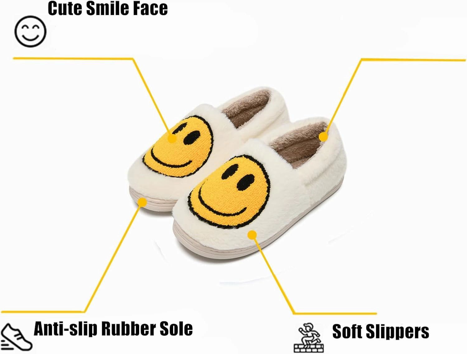 Kids Smile Face Slippers for Boys Girls, Cute Plush Fuzzy Toddler Infant Happy Face Slippers, Indoor Outdoor Non-slip Robber Sole with Memory Foam Warm Pillow House Shoes