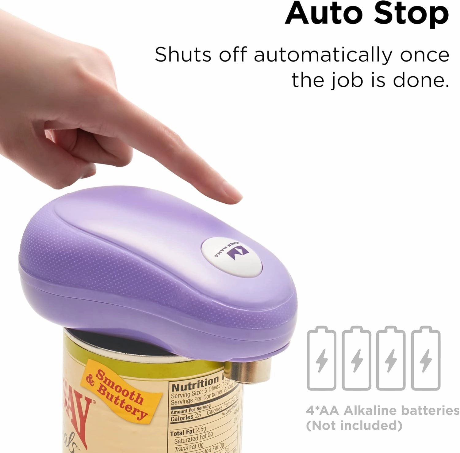 Kitchen Mama One Touch Electric Can Opener: Open with Simple Press of A Button - Auto Stop As Task Completes, Ergonomic, Smooth Edge, Food-Safe, Battery Operated (Purple)