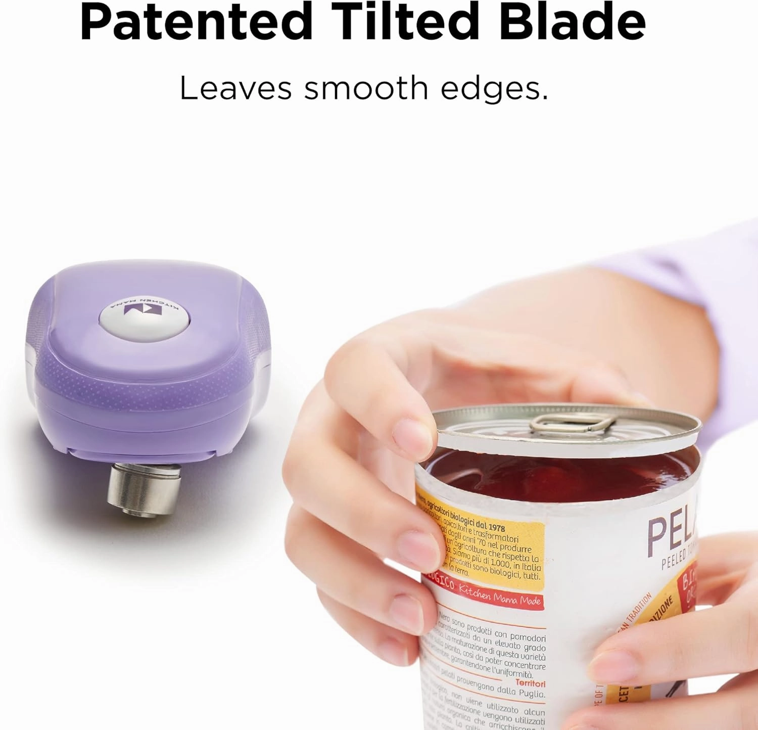Kitchen Mama One Touch Electric Can Opener: Open with Simple Press of A Button - Auto Stop As Task Completes, Ergonomic, Smooth Edge, Food-Safe, Battery Operated (Purple)