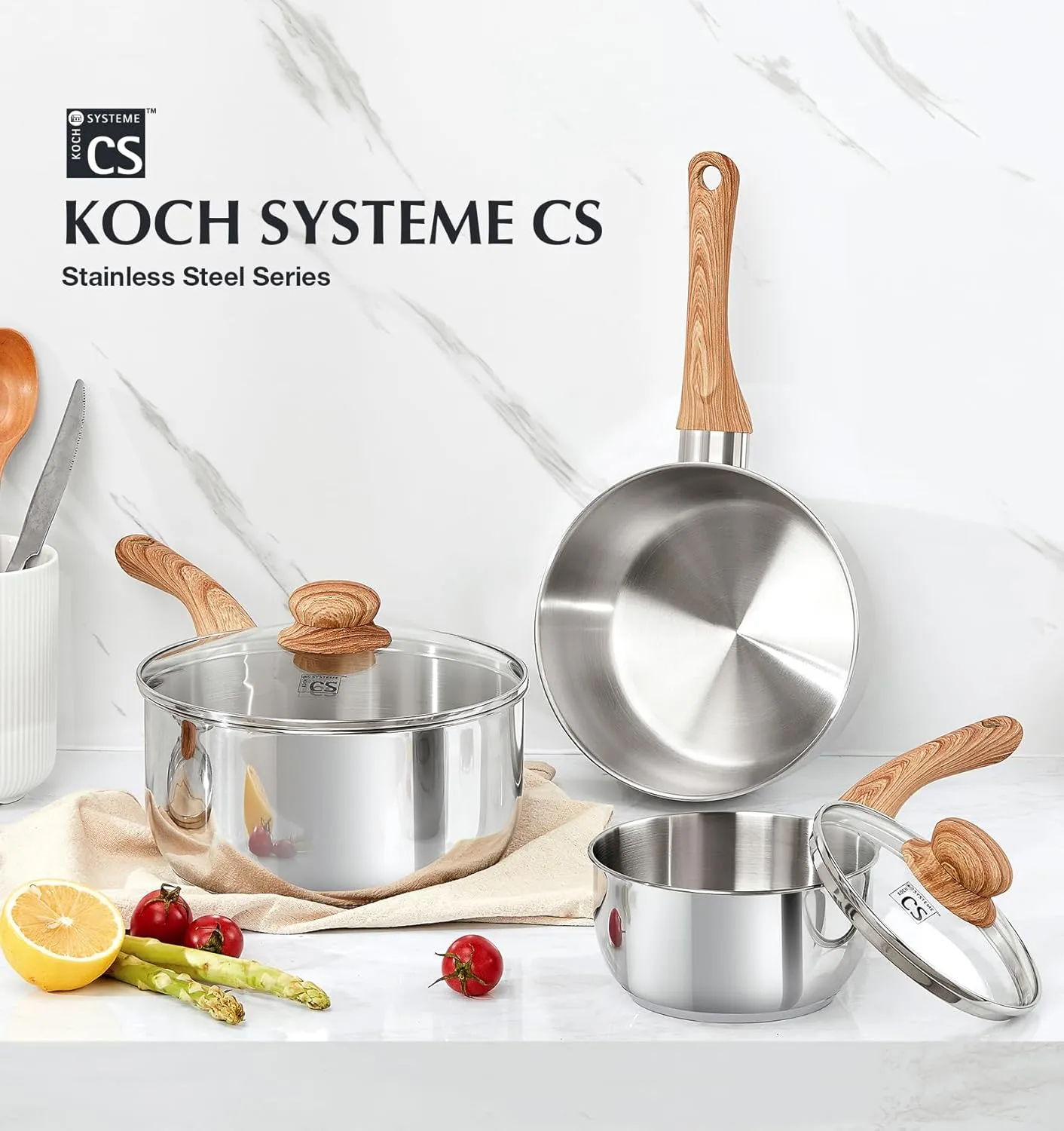 KOCH SYSTEME CS Stainless Steel Saucepan Set, Sauce Pan Set 1.5QT & 2QT & 3QT with Heat-resistant Bakelite Handle, Cool-Touch Stainless Steel Pot Set 6 Piece, Sauce Pans Induction Ready