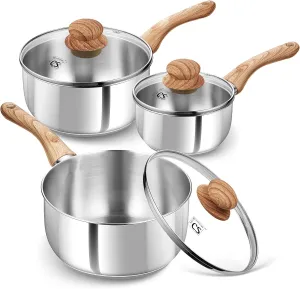 KOCH SYSTEME CS Stainless Steel Saucepan Set, Sauce Pan Set 1.5QT & 2QT & 3QT with Heat-resistant Bakelite Handle, Cool-Touch Stainless Steel Pot Set 6 Piece, Sauce Pans Induction Ready